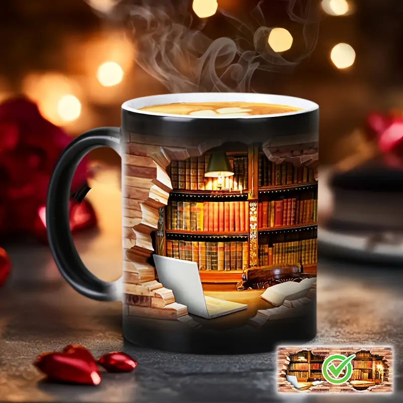 Caneca Cerâmica Mágica com Estante de Livros – Efeito Térmico