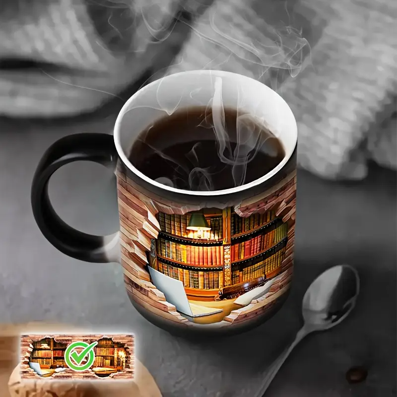 Caneca Cerâmica Mágica com Estante de Livros – Efeito Térmico