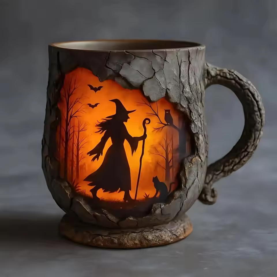 Caneca Artesanal 3D Halloween – Design de Bruxa e Gato