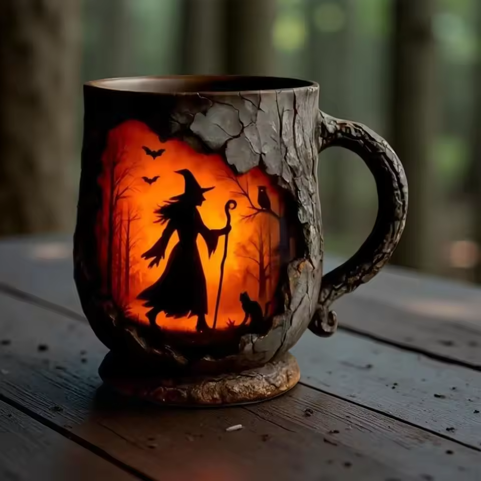 Caneca Artesanal 3D Halloween – Design de Bruxa e Gato