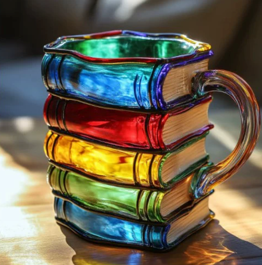 Caneca Artesanal Colorida com Tema de Livros