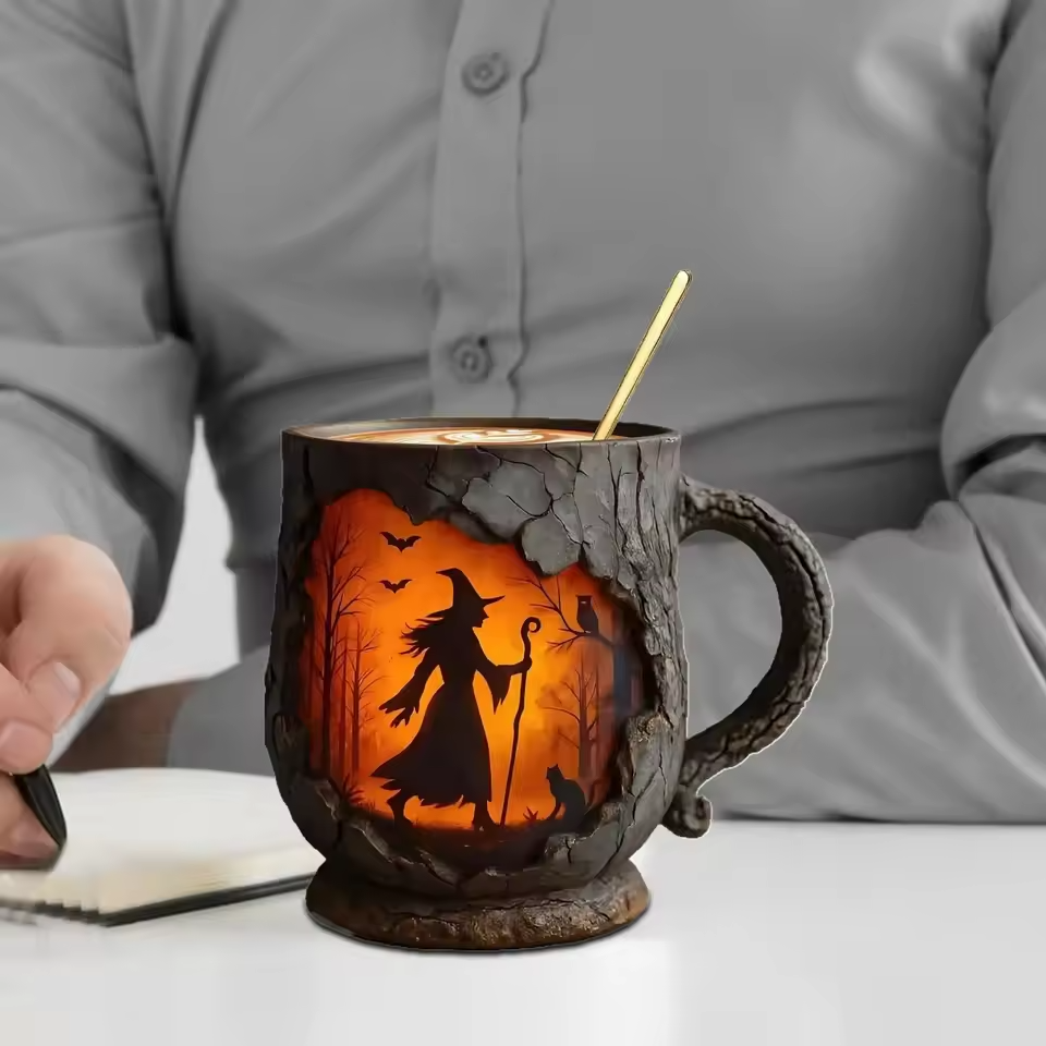 Caneca Artesanal 3D Halloween – Design de Bruxa e Gato