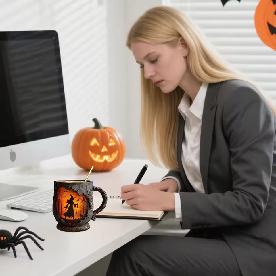 Caneca Artesanal 3D Halloween – Design de Bruxa e Gato
